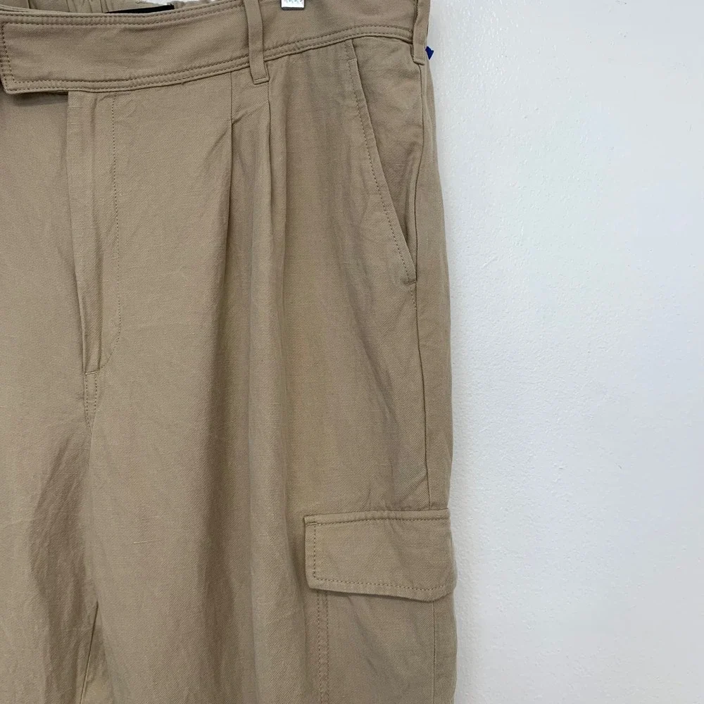 Banana Republic Khaki  Linen Blend Cargo Utility Pants Women 18 Pleated Belted